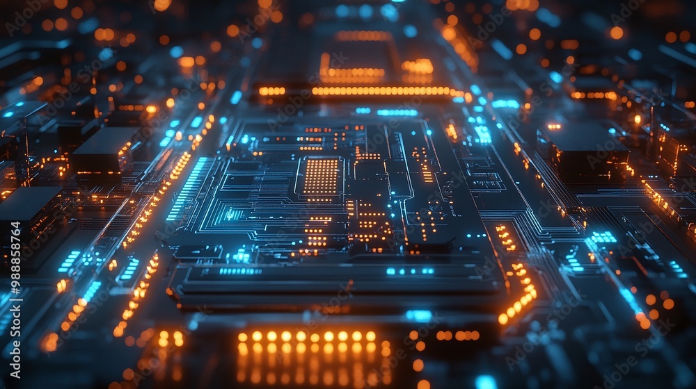 Wall mural advanced cybersecurity and big data analytics technology, futuristic circuit board glowing with blue