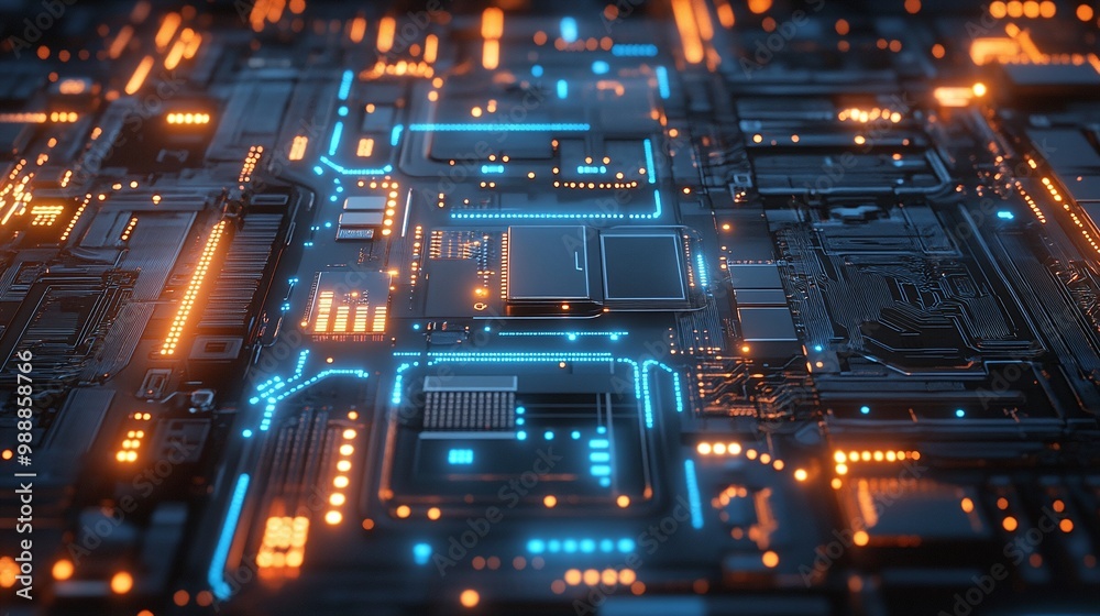 Wall mural advanced cybersecurity and big data analytics technology, futuristic circuit board glowing with blue