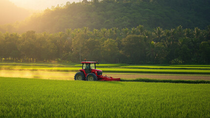 Tractor Plowing Lush Green Rice Fields at Sunrise