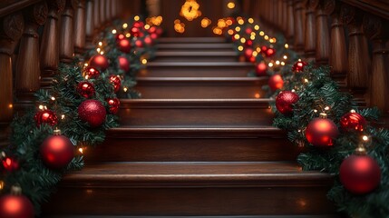 Fototapeta premium Holiday garlands and lights draped along a staircase railing
