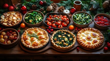 Fototapeta premium A festive table filled with seasonal dishes like roasted vegetables and pies