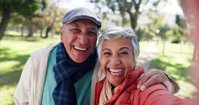Face, selfie and elderly couple in park for bonding, romance or summer love with smile. Funny, laughing or photograph with senior man and woman in green garden of assisted living home for memories