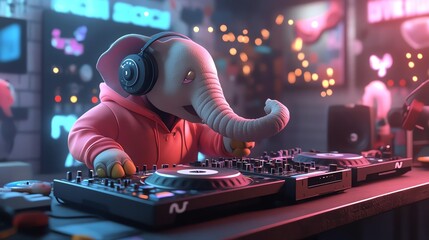 A playful cartoon elephant DJ wearing headphones, mixing music at a vibrant club with colorful lights and blurred background, ideal for fun and imaginative projects.