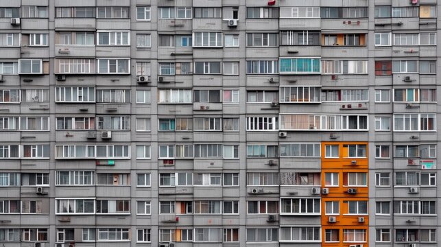 Facade of a Grey Multi-storey Panel building in Russia, Soviet architecture houses