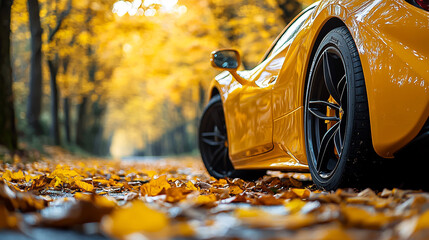 Background with yellow leaves and trees, yellow car with black rims.