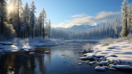 Fototapeta premium Winter Wonderland: Snow-Covered Forest and River