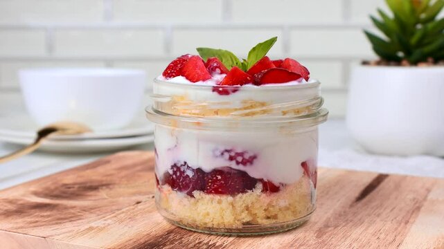 Putting homemade strawberry shortcake trifle jar with fresh strawberries and whipped cream on the table