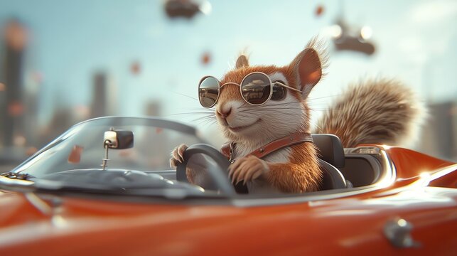 An animated squirrel wearing sunglasses drives a sporty red car through a futuristic city, showcasing a whimsical and adventurous spirit in a vibrant, playful scene.