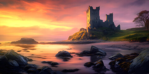 Fototapeta premium Old castle ruins on seashore in early morning misty dawn, empty landscape painting, Celtic. Generative AI