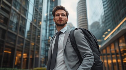 young businessman exuding confidence in formal attire with a backpack against a backdrop of a modern city, capturing the essence of professionalism and ambition in urban life