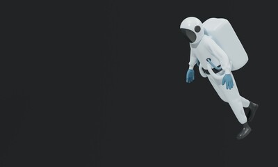 An astronaut in a suit levitates against a dark background. 3d rendering 