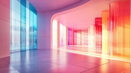 minimalist interior design with colorful pastel glass panels and soft gradient lighting, showcasing a sleek and contemporary abstract architectural concept