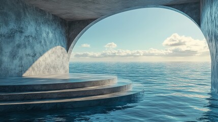 Fototapeta premium Modern Architectural Archway Overlooking Serene Ocean with Clear Blue Sky and Clouds