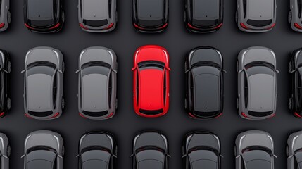 Red Car Among Gray Cars in Aerial View