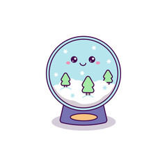 Winter snow globe with kawaii style Christmas trees. A Christmas character.