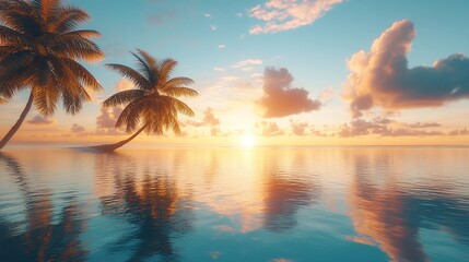 evening view of a tropical paradise sunset with palm trees reflected in calm ocean waters, offering a serene and peaceful setting in an exotic vacation destination