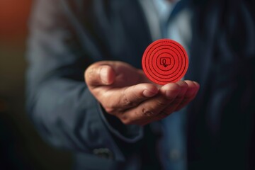 Businessman hand holding a red badge with copyright symbol. Property rights and brand patent protection in business concept