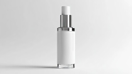 A blank white pump bottle with silver accents, set against a white background, perfect for luxury cosmetic branding.