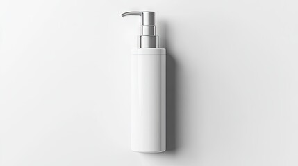 A blank white pump bottle with silver accents, set against a white background, perfect for luxury cosmetic branding.