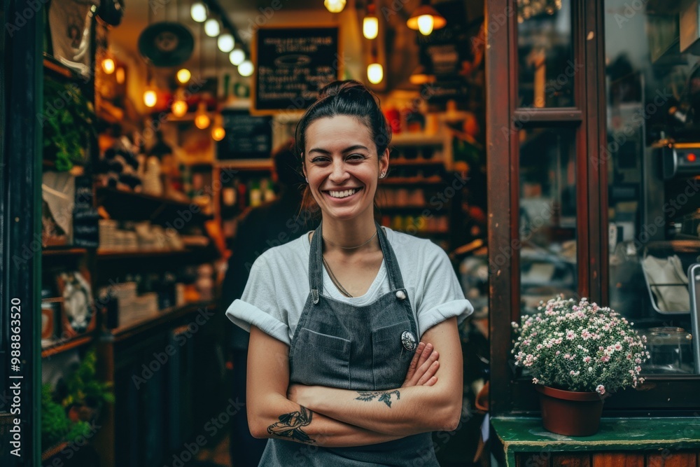 Sticker Cheerful small business owner standing smiling smile.