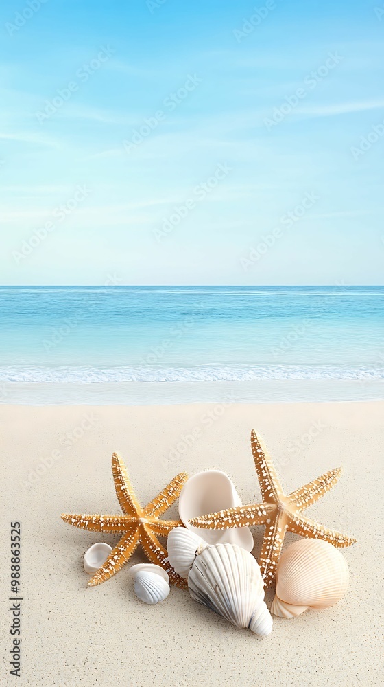 Wall mural a serene beach scene featuring shells and starfish against a tranquil ocean backdrop under a clear b