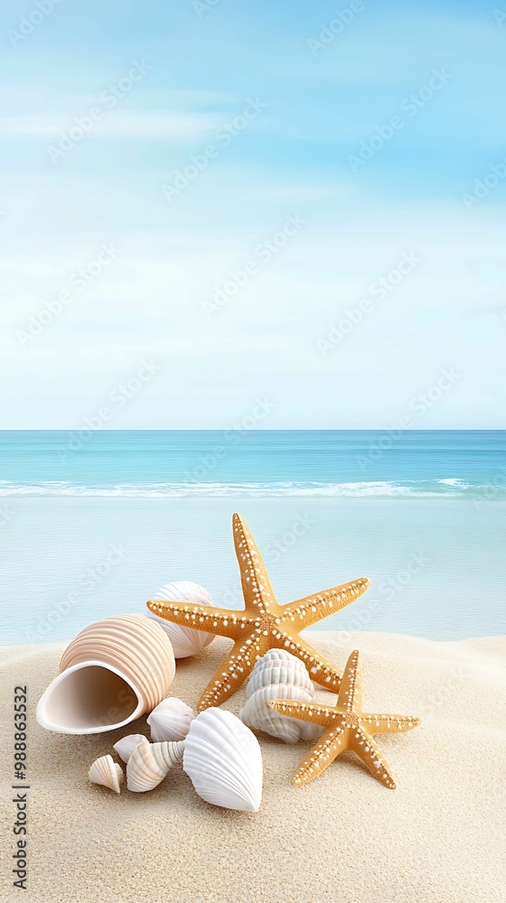 Wall mural a serene beach scene featuring seashells and starfish resting on soft sand with a calm sea and blue 