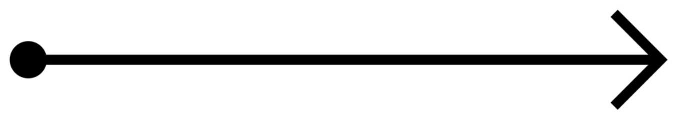 Black arrow with filled circle on left, and arrowhead on right, horizontally oriented on white background. Ideal for navigation, direction, progress, guides, and infographics. Minimalist, vector art.