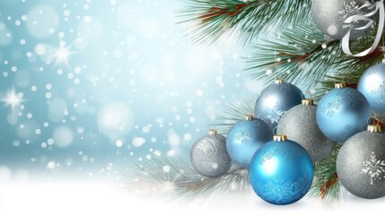 Fototapeta premium Blue and Silver Christmas Ornaments on a Pine Branch