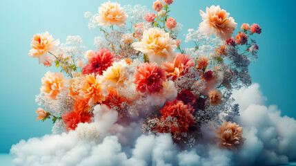 An explosion of autumn-colored flowers bursts forth, intertwined with soft clouds, creating a striking visual contrast against a serene blue background in a high-resolution setting.