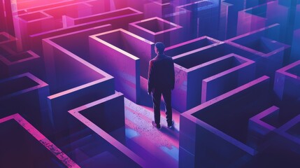 Businessman stand in front of maze entrance. Business problem solving, making decision, finding solution and challenge concept.