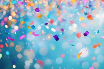 Naklejka premium Colorful confetti falling on a dark blue background colorful holiday design.