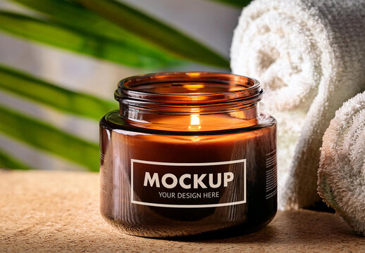 Aromatic Amber Glass Candle Jar Mockup in a Spa with Towels and Generative AI