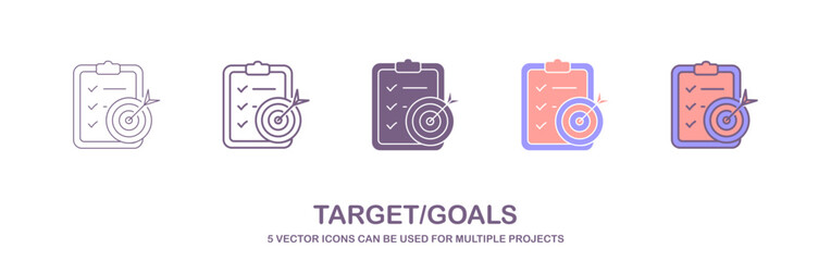 specific target goal icon vector, paper and hitting target icon, a set of icons with 5 different styles