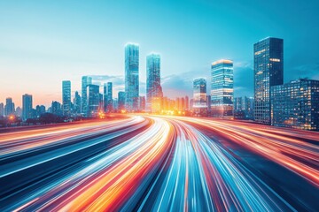 Fototapeta premium Traffic-laden cityscape at dusk, casting long shadows on the urban roads