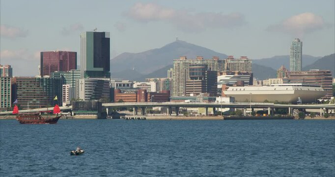 Hong Kong Victorial Harbour with Traditonal Red Sailing Junk Boat viewing over Kowloon on Sunny Day