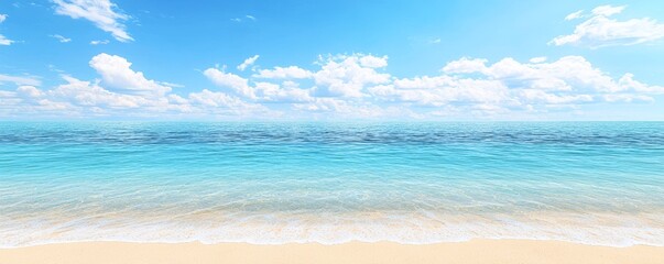 Serene Sandy Beach with Clear Blue Waters and Fluffy White Clouds Under a Bright Sunny Sky