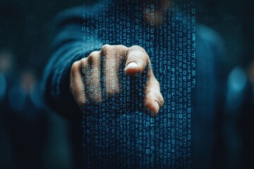 a person pointing with his finger recruiting. digital. people in the background, matrix theme