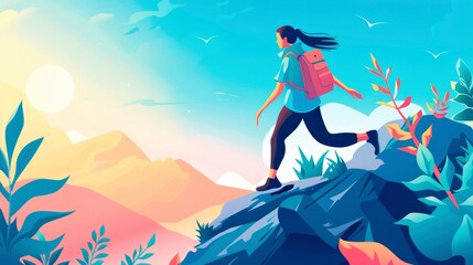 Illustration of young woman tourist hiking in a mountain valley with beautiful landscape view. Outdoor activity, summer vacation