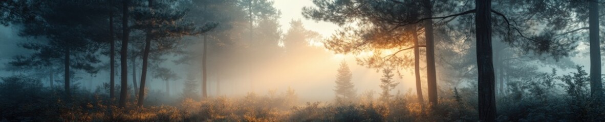 Fototapeta premium Misty morning sunrise over tranquil lake, mountains reflected in still water, sun peeking through clouds