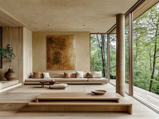 A living room with a brown couch and a brown coffee table. A vase is on the table