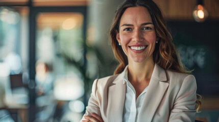 Obraz premium Portrait of young business woman at work in the office, happy and confident