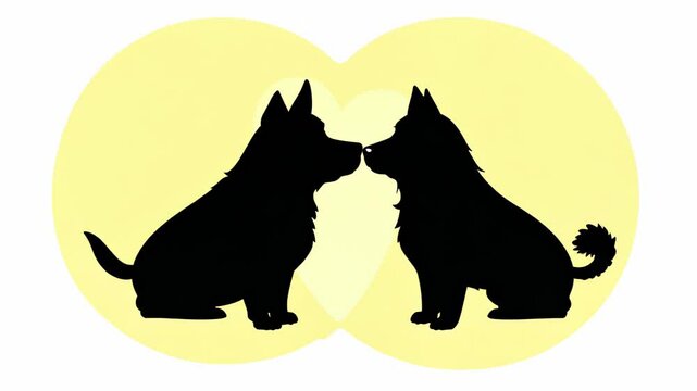 Silhouette of two dogs facing each other with a heart shape in the background, creating a romantic and affectionate scene