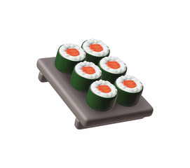 3d sushi with rice, salmon, nori sheet on a gray tray.
