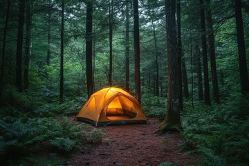 Misty morning forest with a solitary tent