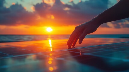gentle touch of a human hand on a solar panel during sunset, showcasing the renewable energy potential and innovation in sustainable technology for the future