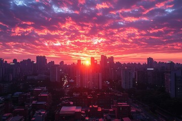 Fototapeta premium Time-Lapse Magic: A Stunning Sunset Glows Over the City Skyline and Rooftops