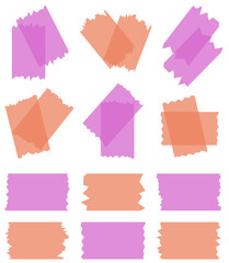 Set of pink and orange semi-transparent washi tapes isolated on white. Tapes collection in vector. Pieces of decorative tape for scrapbooks. Torn paper