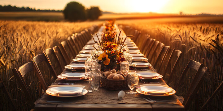 Autumn outdoor long banquet table setting, wheat field, fall harvest season, wide, rustic, fete party, outside dining tablescape
