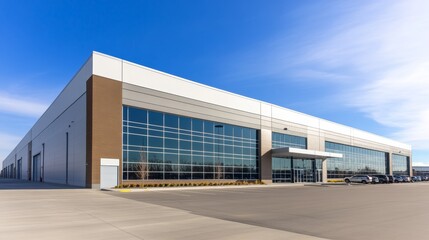 Obraz premium Modern warehouse with car service and logistics facilities under a clear blue sky backdrop