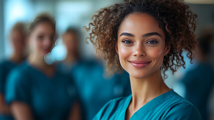 Fototapeta premium A smiling healthcare professional in scrubs, exuding confidence and warmth, stands in focus with colleagues blurred in the background, highlighting teamwork in a medical setting.